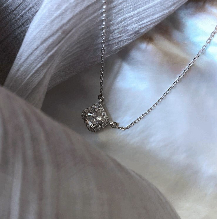 Sterling Silver Necklace with Square Zircon Pendant