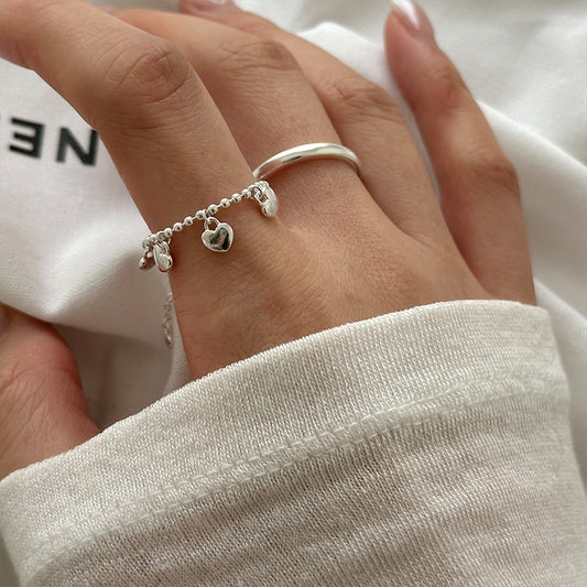 Sterling Silver Adjustable Beaded Chain Ring with Hearty Charms
