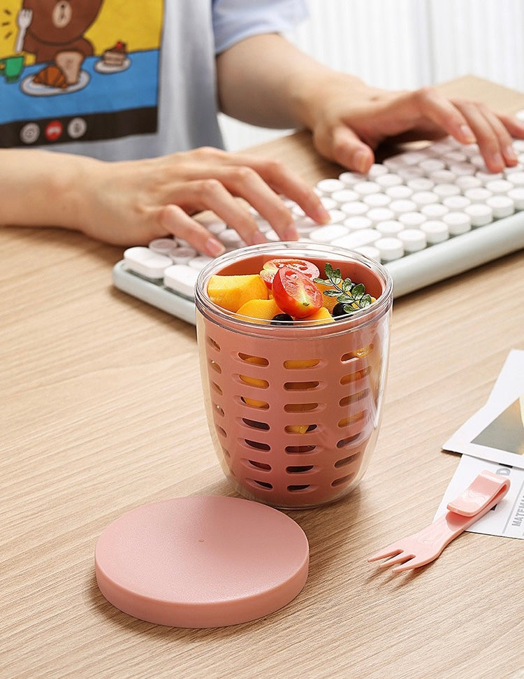 Double-Layer Portable Fruit Cup with Built-in Fork - 600ml