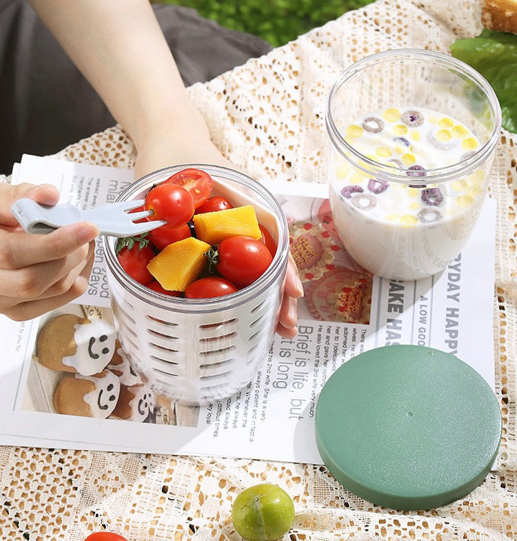 Double-Layer Portable Fruit Cup with Built-in Fork - 600ml