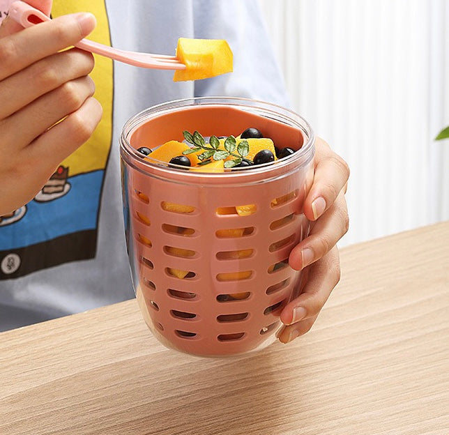 Double-Layer Portable Fruit Cup with Built-in Fork - 600ml