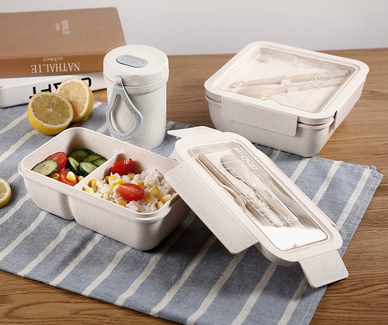 Wheat Straw Eco-friendly Bento Box with Detachable Divider and Utensils