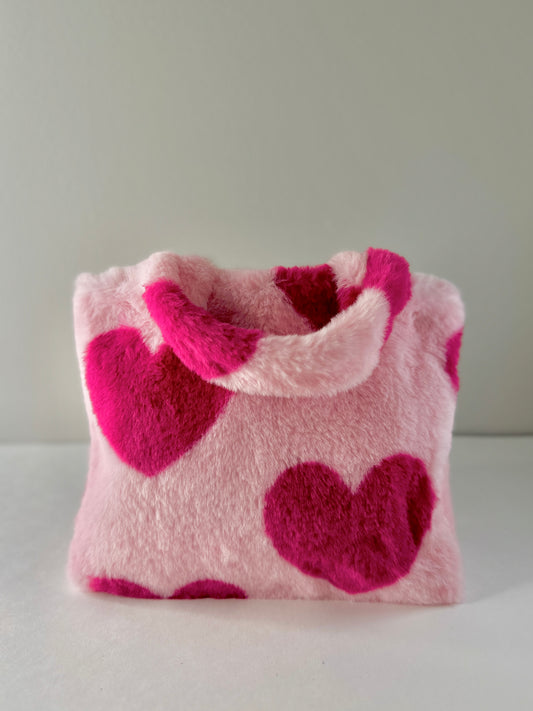 Furry Handbag in Printed Heart