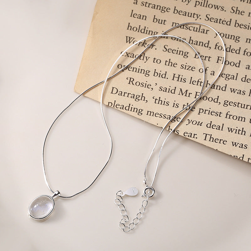 925 Sterling Silver Oval Snake Bone Necklace with Crystal Inlay