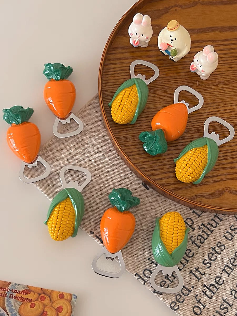 Cartoon Carrot and Corn Bottle Opener Fridge Magnet