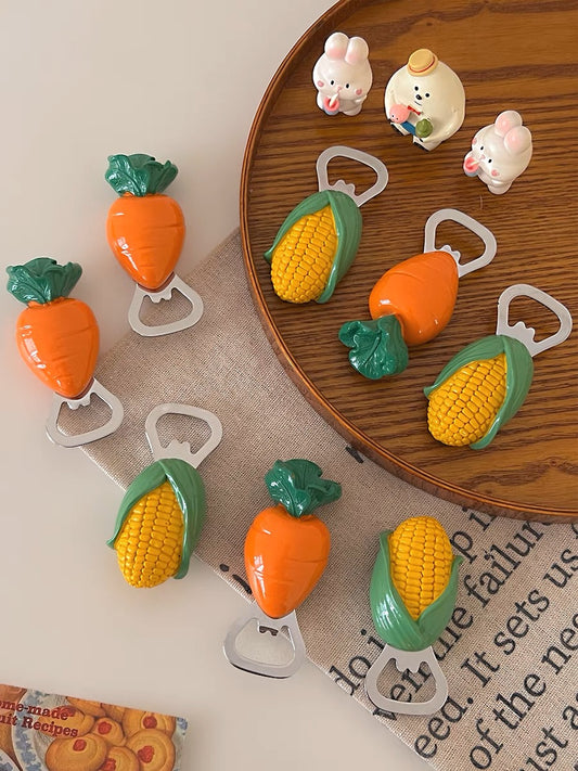 Cartoon Carrot and Corn Bottle Opener Fridge Magnet