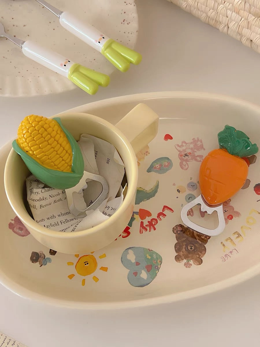 Cartoon Carrot and Corn Bottle Opener Fridge Magnet