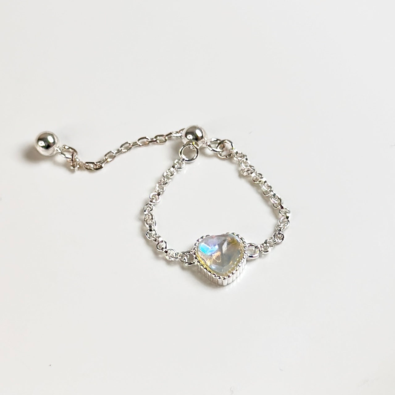 Heart-shaped Moonstone Ring - Sterling Silver Adjustable with Pull-out Design