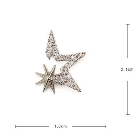 Gold-Plated Starry Zirconia Stud Earrings with star-shaped settings and 925 silver ear pins, weighing 1.6g each, measuring 1.8cm by 2.1cm.
