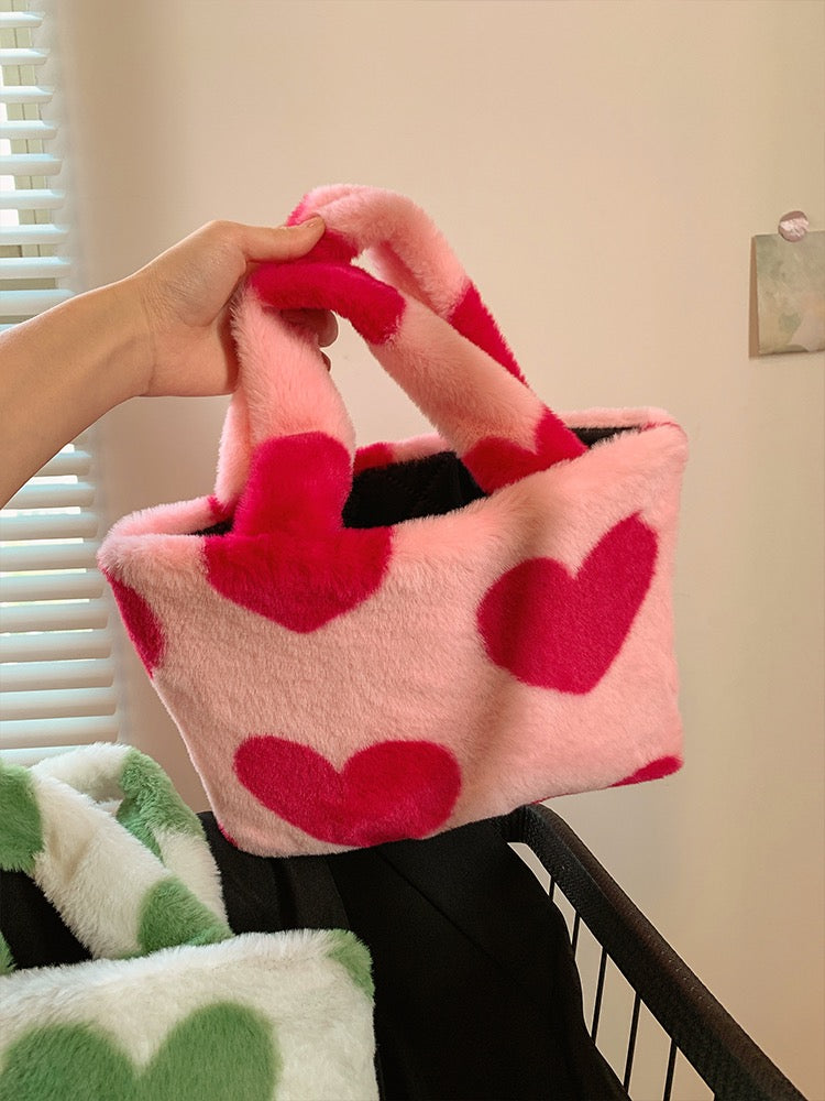 Furry Handbag in Printed Heart