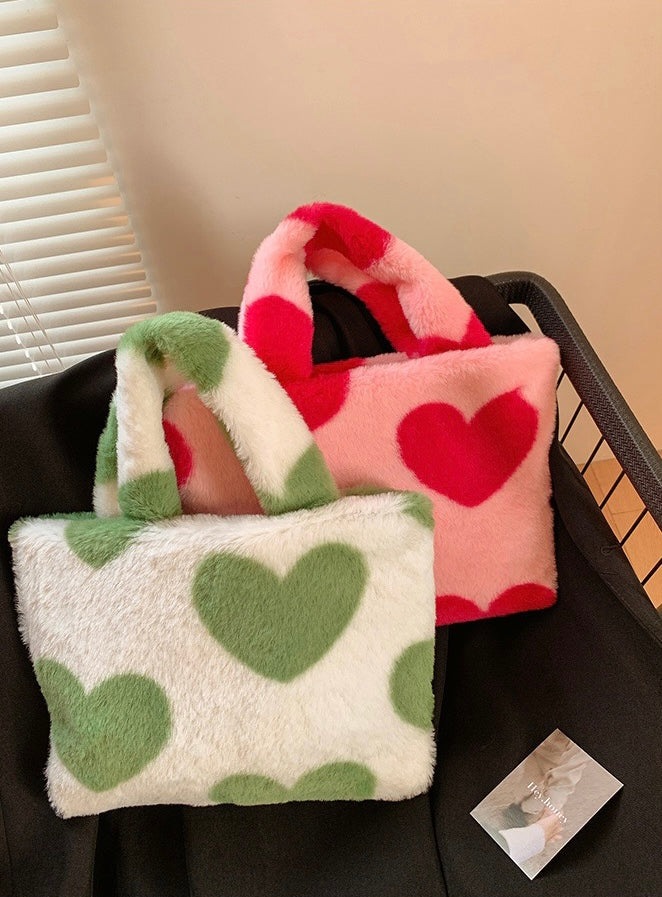 Furry Handbag in Printed Heart