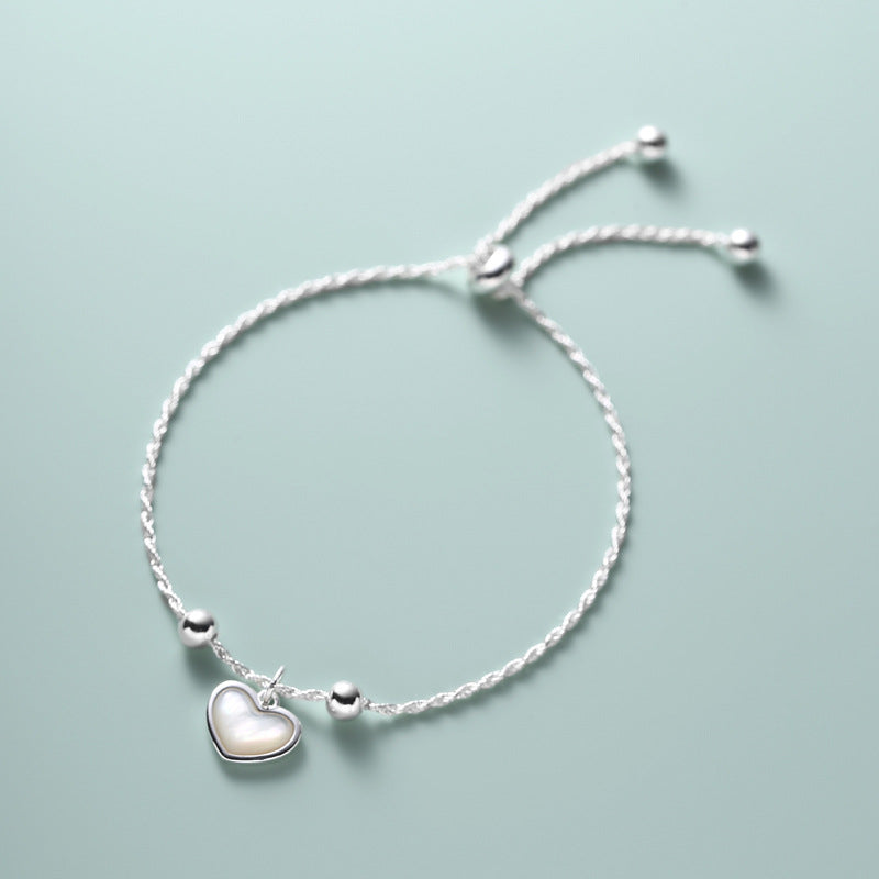Sterling Silver Adjustable Mother-of-pearl Heart Braid Dainty Bracelet