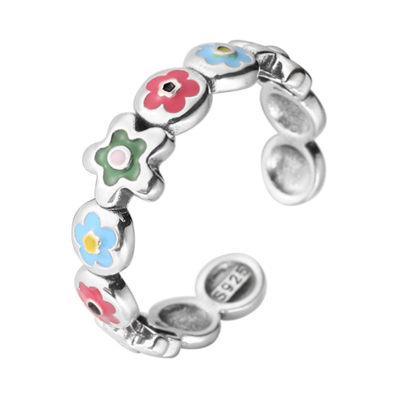 Sterling Silver Epoxy Enamel Flower Chain Open Ring