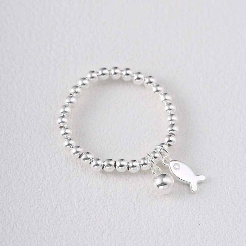 Sterling SIlver Beaded Elastic Ring with Fish Charm