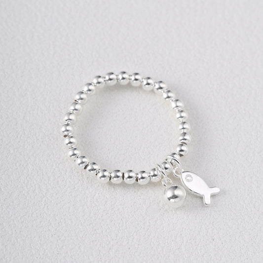 Sterling SIlver Beaded Elastic Ring with Fish Charm