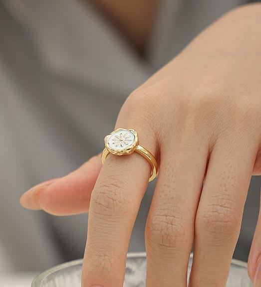 Gold Plated Brass Enamel Daisy Open Ring