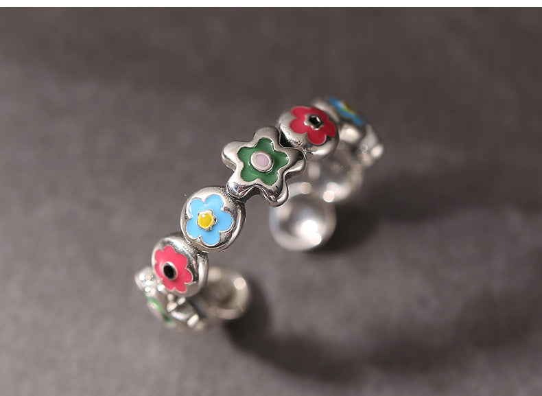 Sterling Silver Epoxy Enamel Flower Chain Open Ring