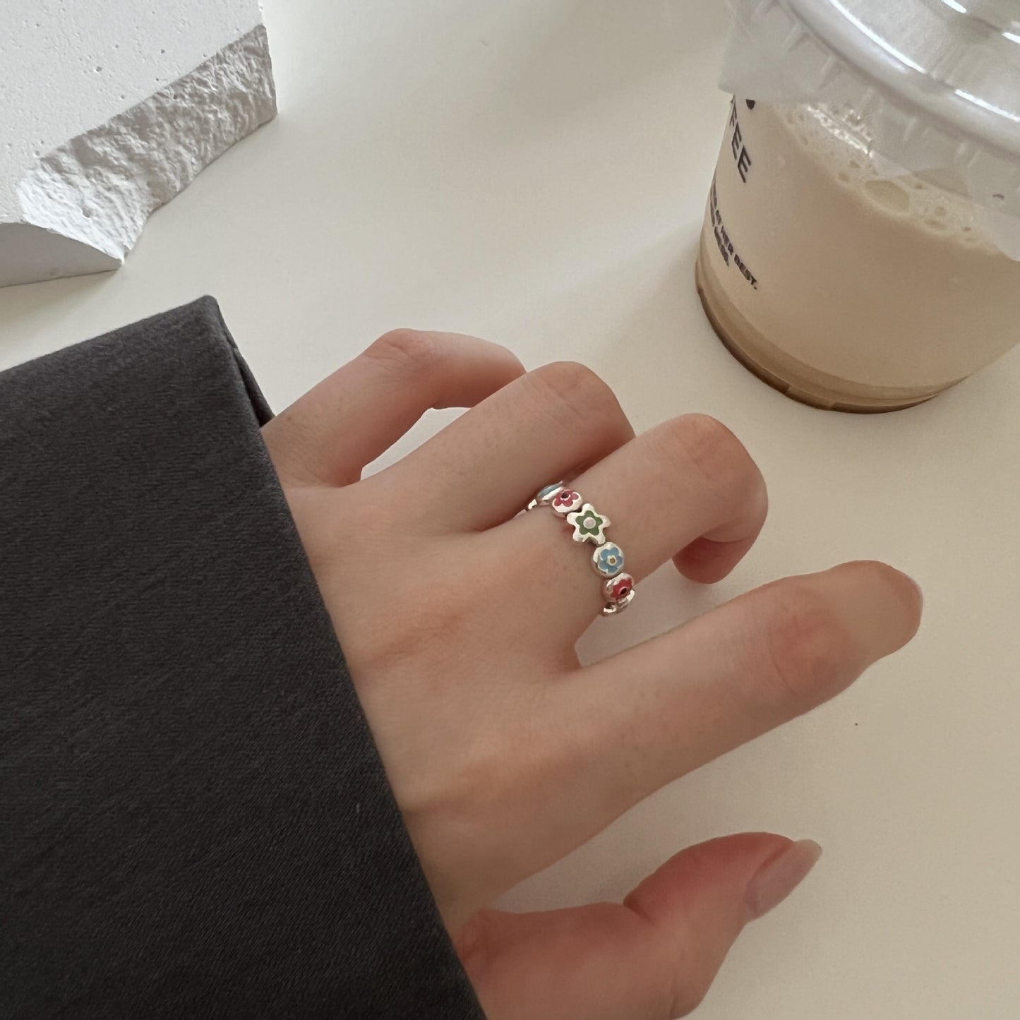 Sterling Silver Epoxy Enamel Flower Chain Open Ring