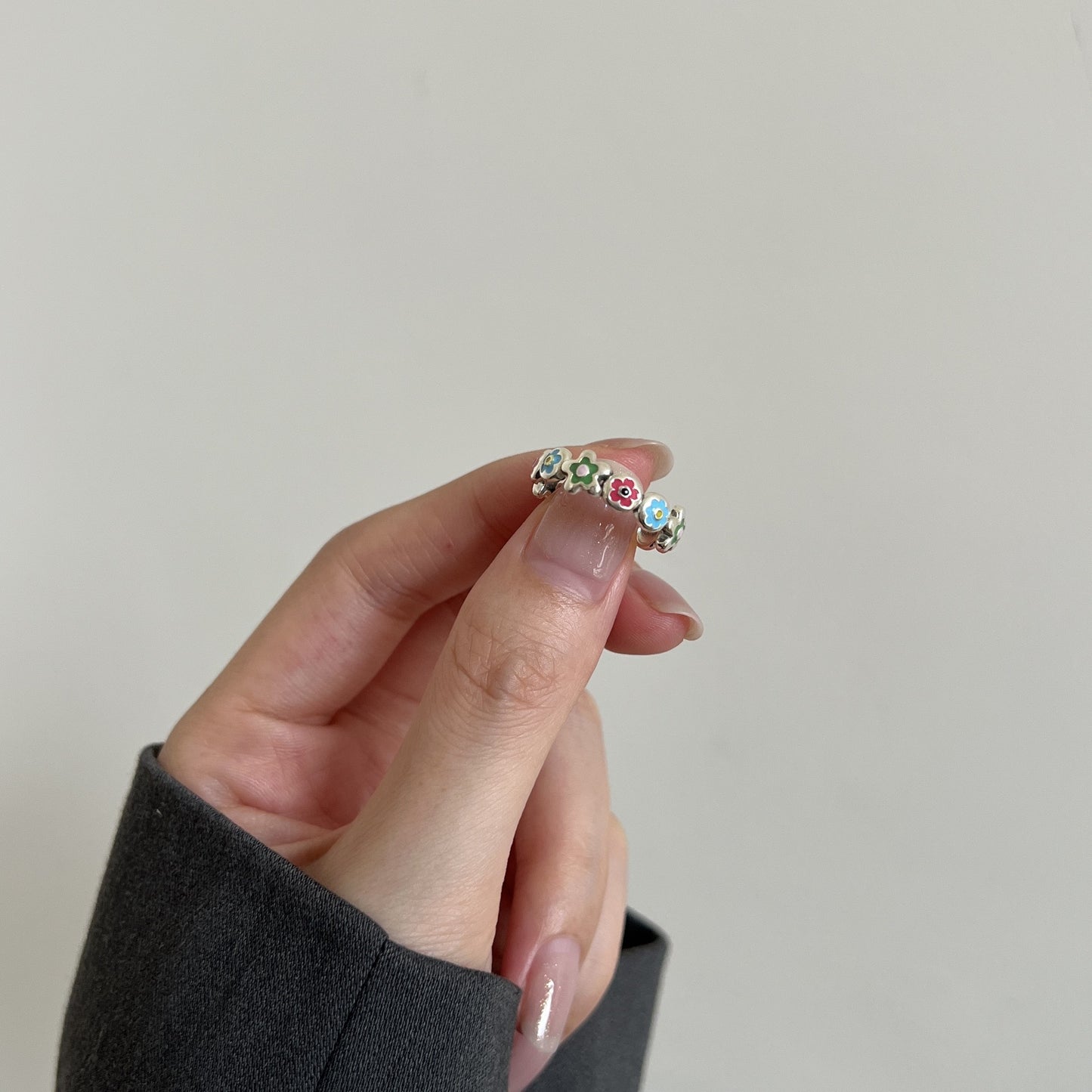 Sterling Silver Epoxy Enamel Flower Chain Open Ring