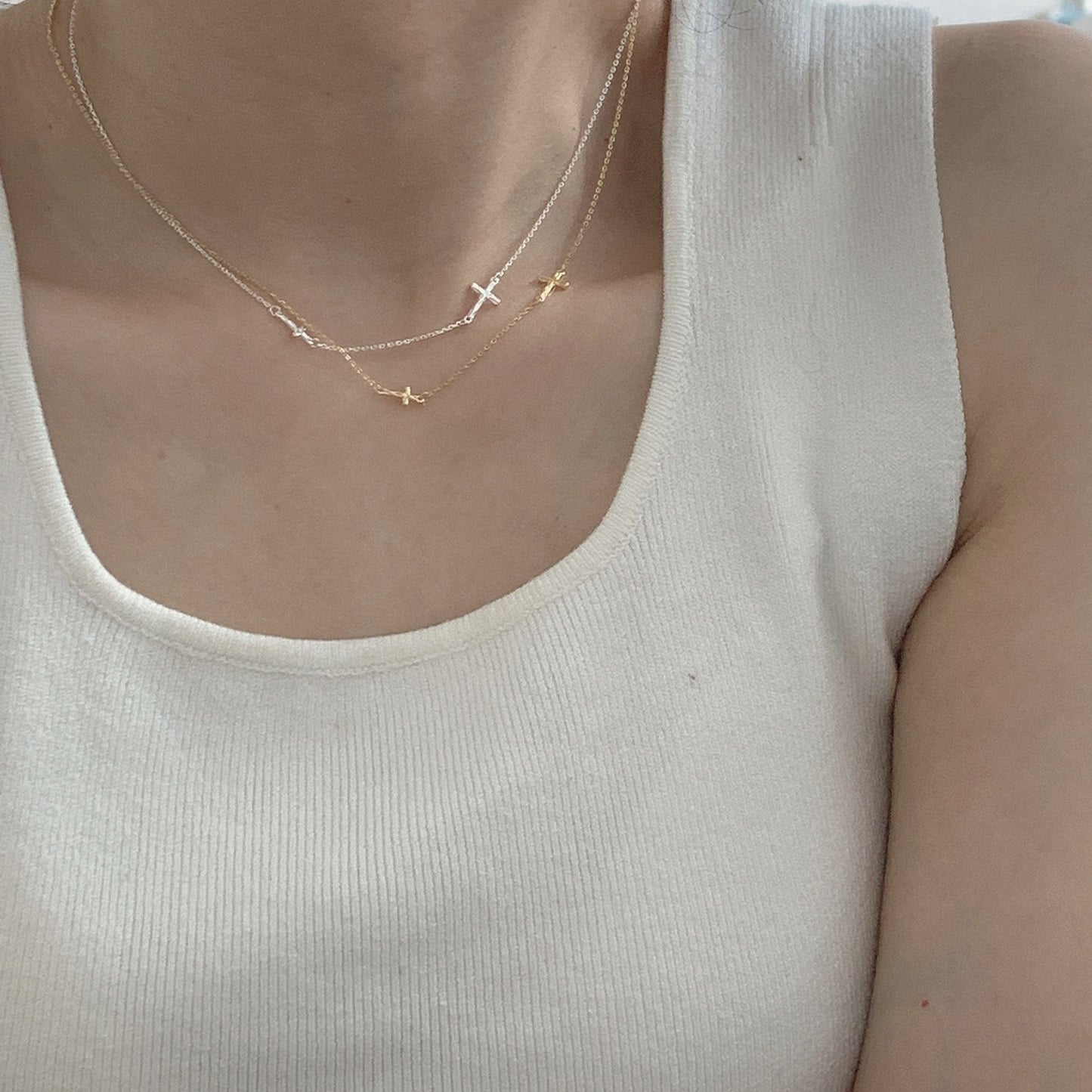 Sterling Silver Dainty Necklace with Crosses