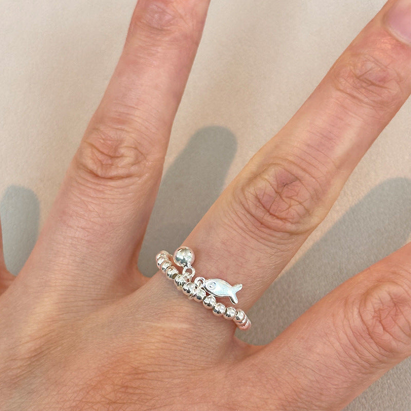 Sterling SIlver Beaded Elastic Ring with Fish Charm