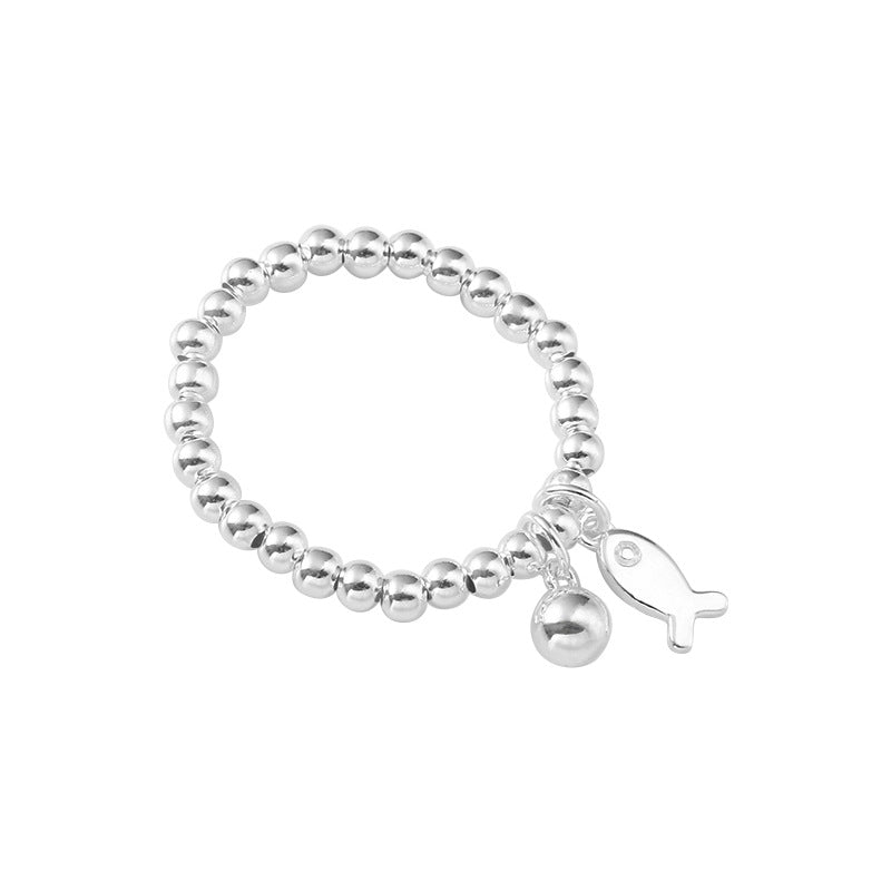 Sterling SIlver Beaded Elastic Ring with Fish Charm