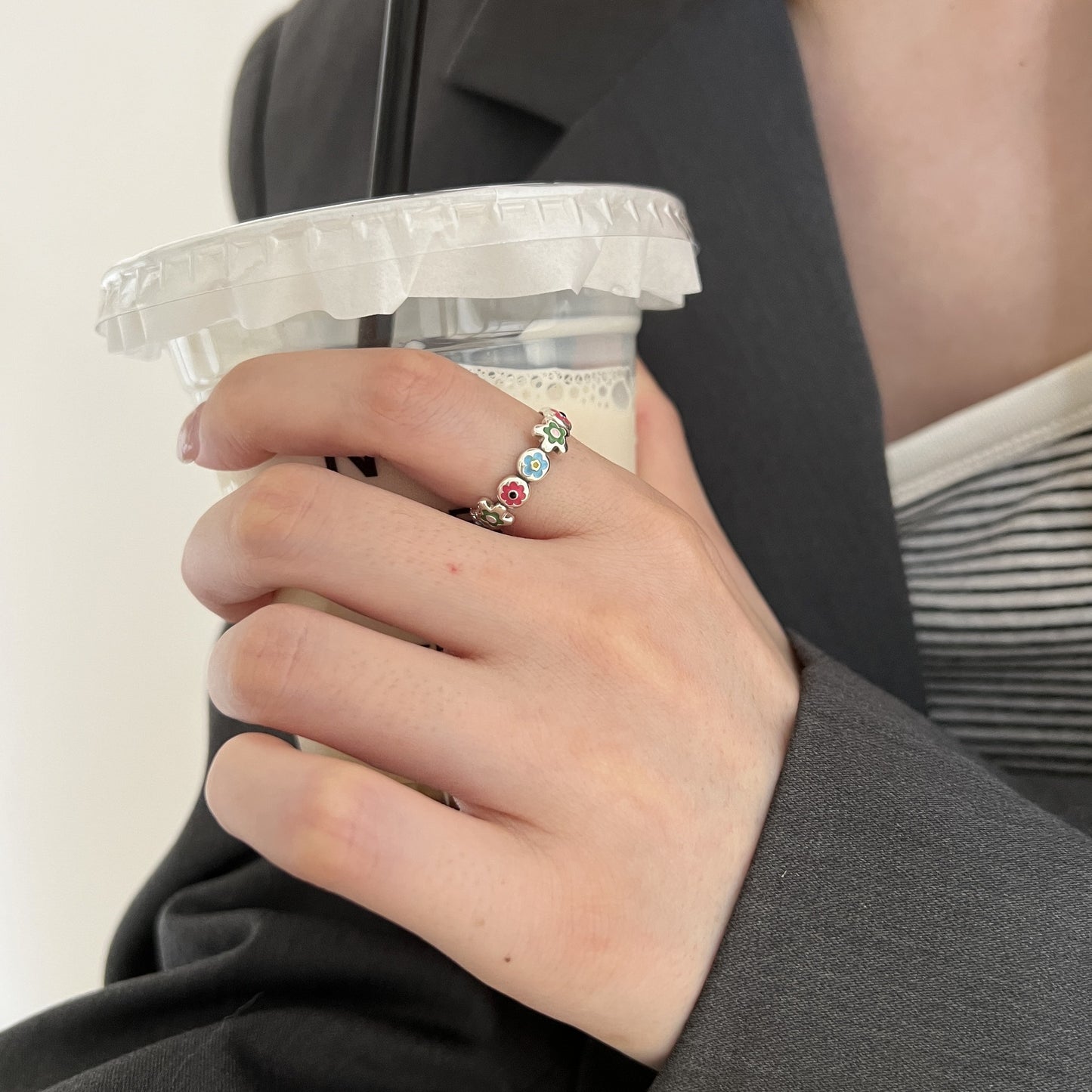 Sterling Silver Epoxy Enamel Flower Chain Open Ring