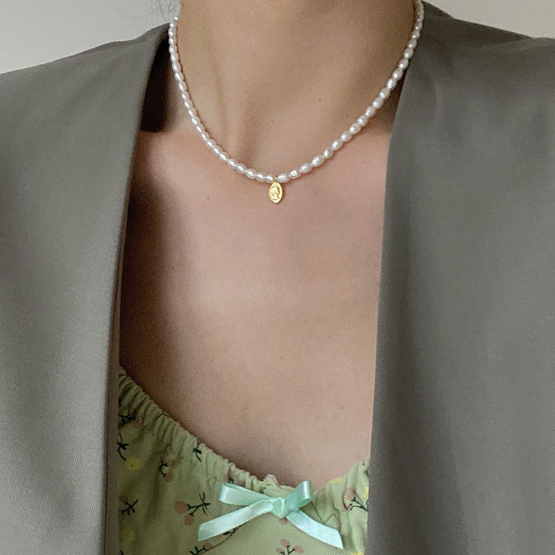 Natural Pearl Necklace with Portrait Pendant