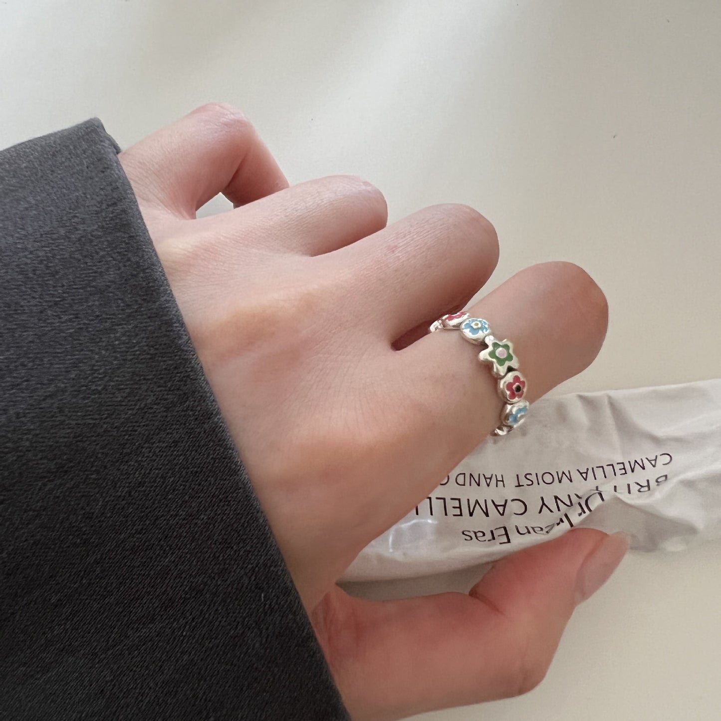 Sterling Silver Epoxy Enamel Flower Chain Open Ring