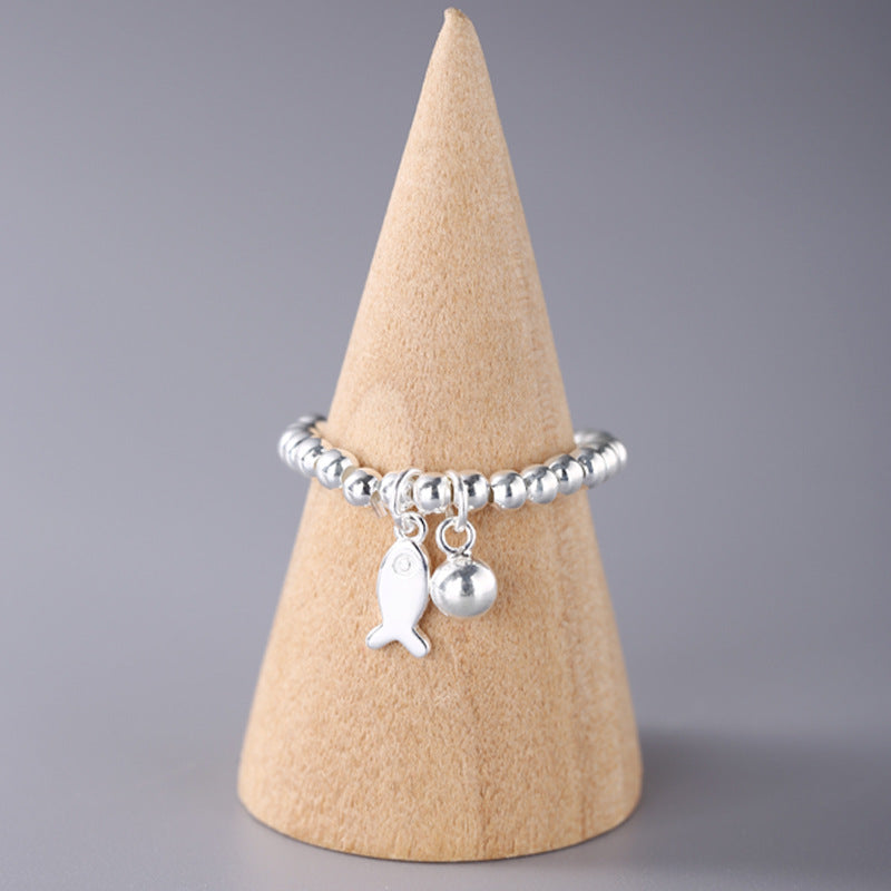 Sterling SIlver Beaded Elastic Ring with Fish Charm