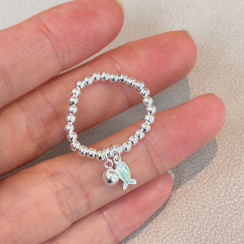 Sterling SIlver Beaded Elastic Ring with Fish Charm