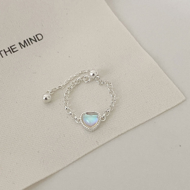 Heart-shaped Moonstone Ring - Sterling Silver Adjustable with Pull-out Design