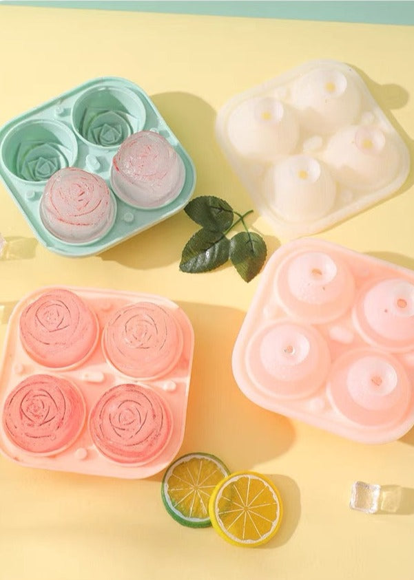 Rose-shaped ice cube mold made of silicone with four compartments, including a funnel for easy water filling