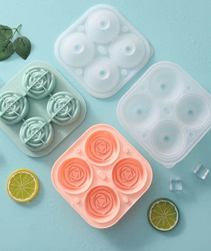 Rose-shaped ice cube mold made of silicone with four compartments, including a funnel for easy water filling