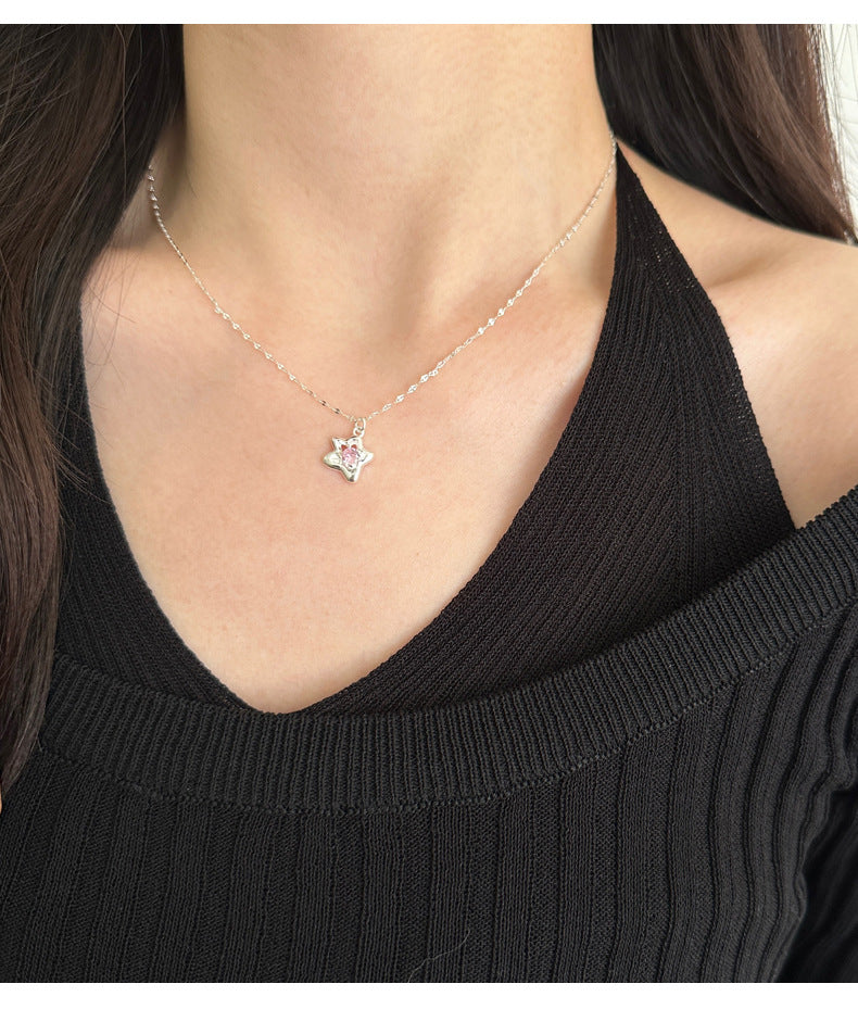 S925 Silver Star Shaped Collarbone Necklace with Pink Cubic Zirconia