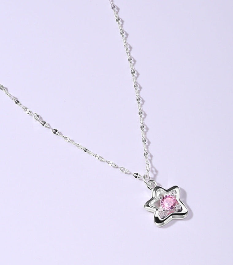 S925 Silver Star Shaped Collarbone Necklace with Pink Cubic Zirconia