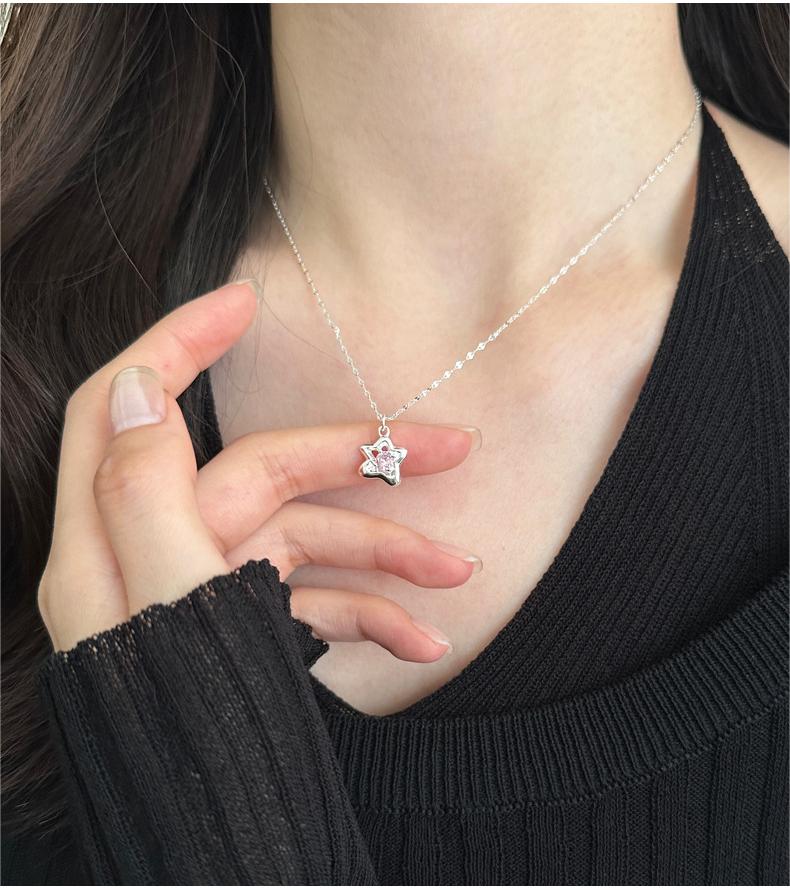 S925 Silver Star Shaped Collarbone Necklace with Pink Cubic Zirconia