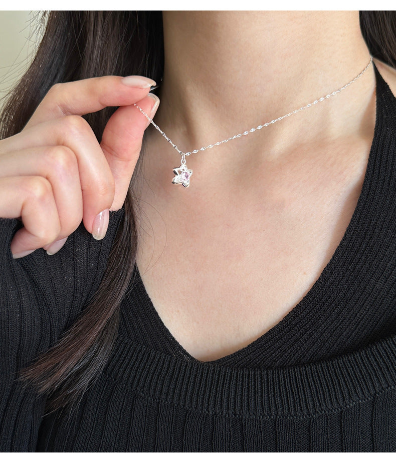 S925 Silver Star Shaped Collarbone Necklace with Pink Cubic Zirconia