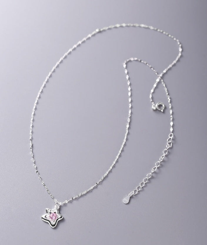 S925 Silver Star Shaped Collarbone Necklace with Pink Cubic Zirconia