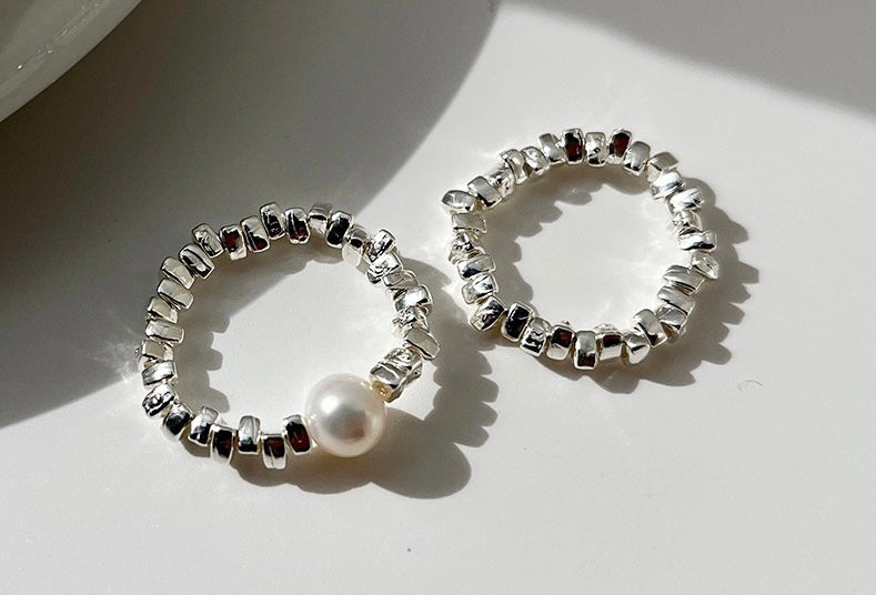 S925 Sterling Silver Granule Design with Single Pearl Ring