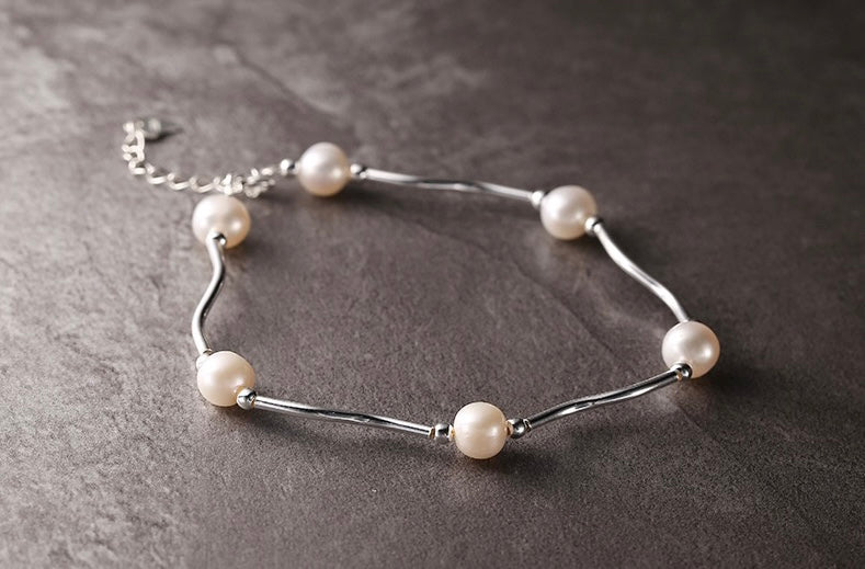 S925 Sterling Silver Pearl Wave Bracelet