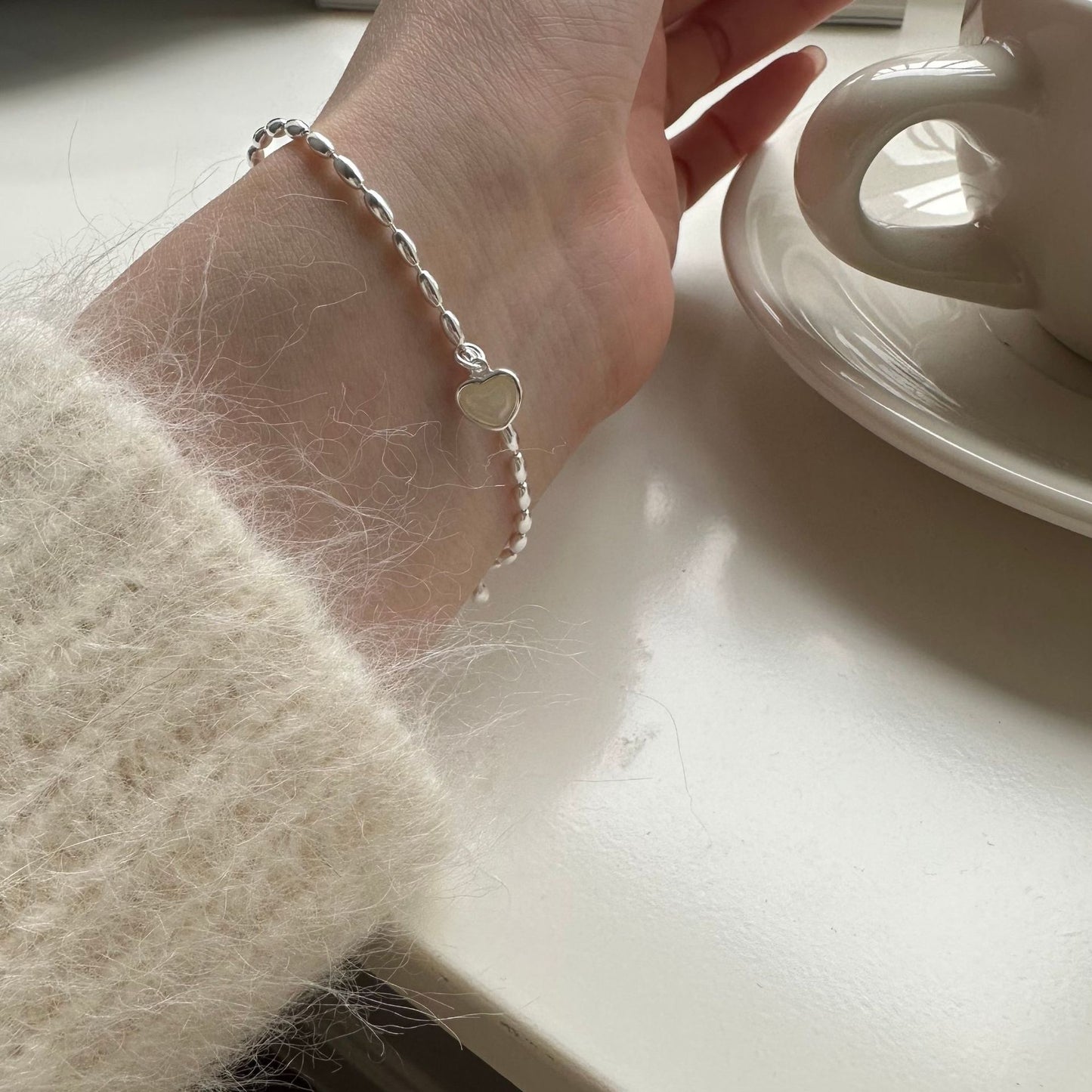 Sterling Silver Rice Grain Chain Bracelet with Heart Moonstone Pendant