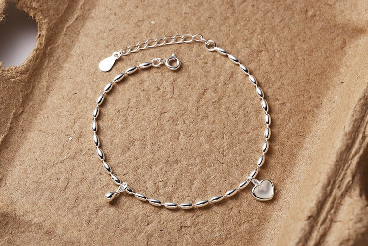 Sterling Silver Rice Grain Chain Bracelet with Heart Moonstone Pendant