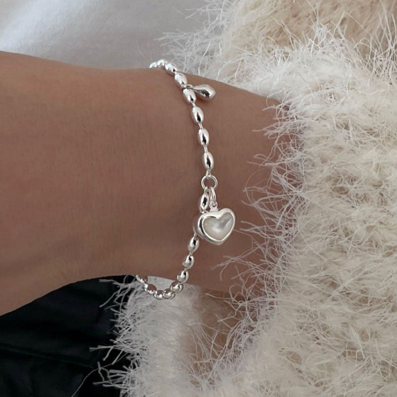 Sterling Silver Rice Grain Chain Bracelet with Heart Moonstone Pendant