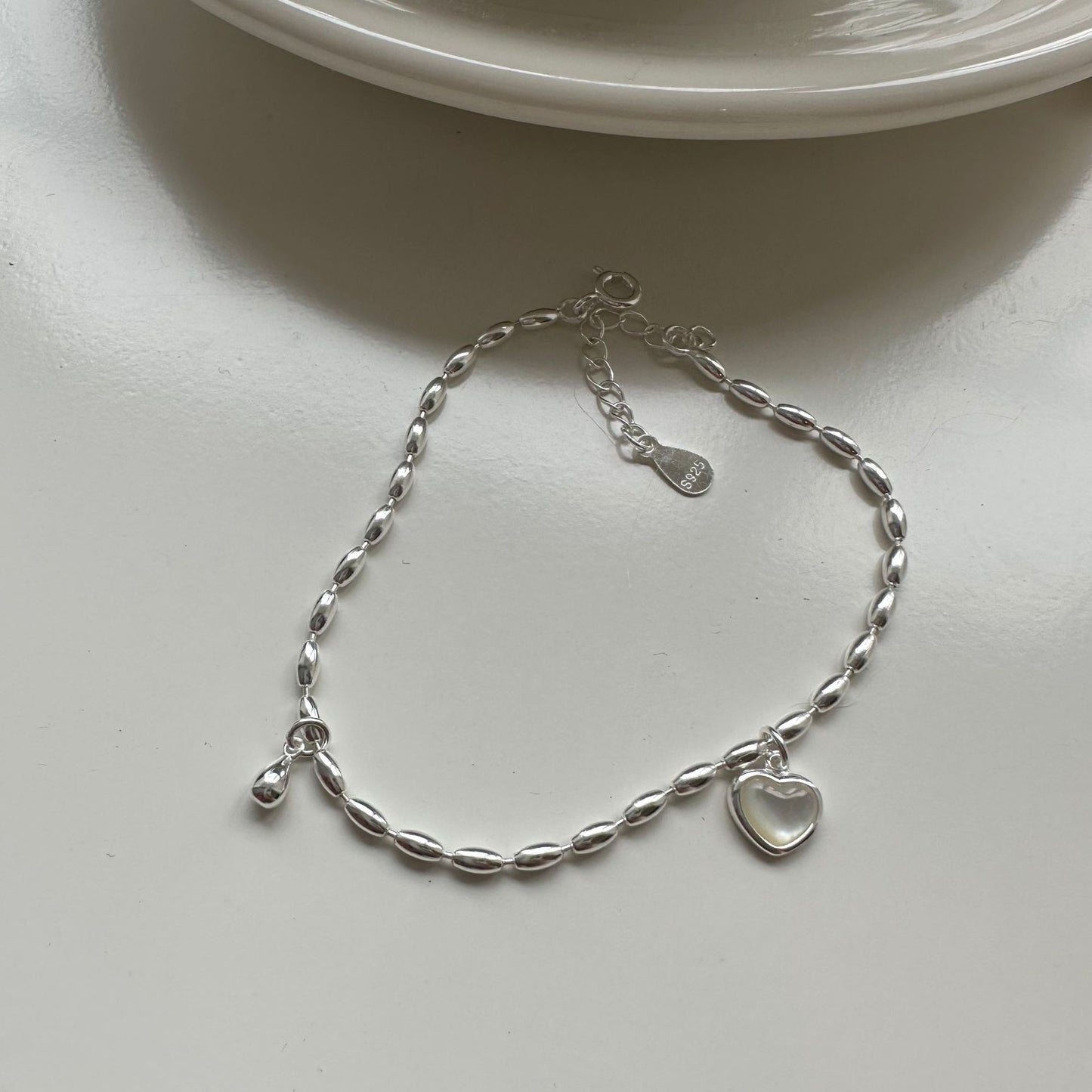 Sterling Silver Rice Grain Chain Bracelet with Heart Moonstone Pendant