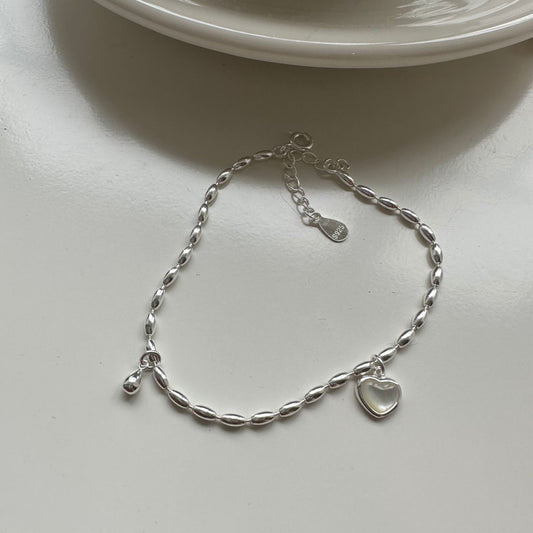 Sterling Silver Rice Grain Chain Bracelet with Heart Moonstone Pendant