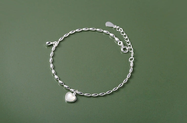 Sterling Silver Rice Grain Chain Bracelet with Heart Moonstone Pendant