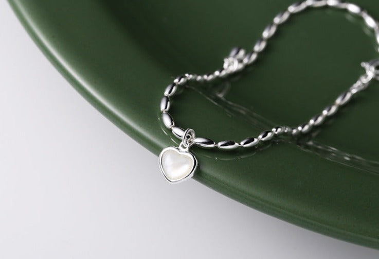 Sterling Silver Rice Grain Chain Bracelet with Heart Moonstone Pendant