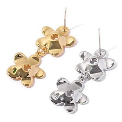 Zirconia Flower Chain Earrings in gold and silver, featuring delicate flower accents on a dual-chain design