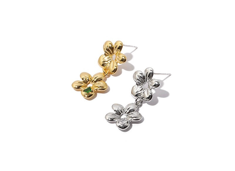 Zirconia Flower Chain Earrings in gold and silver, featuring delicate flower accents on a dual-chain design